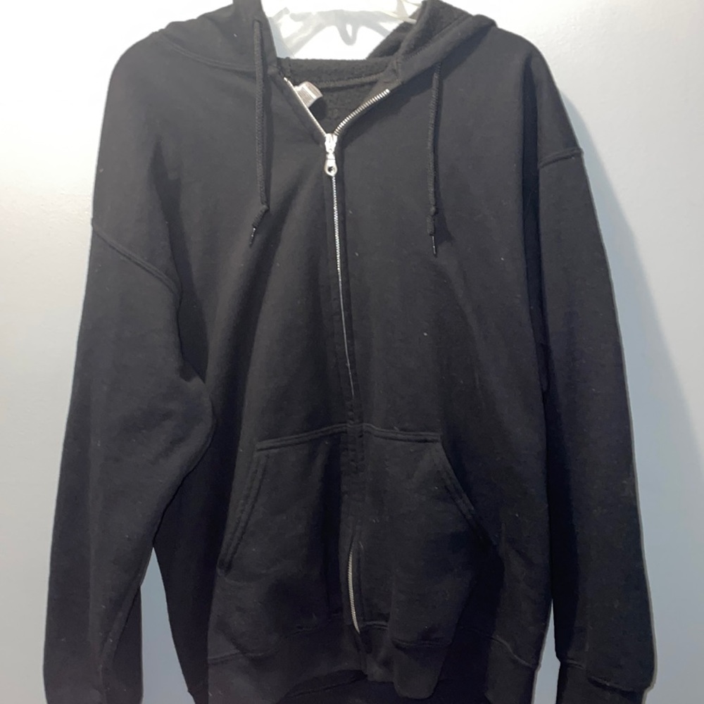 Gildan black zip up with hood. Size large with drawstrings